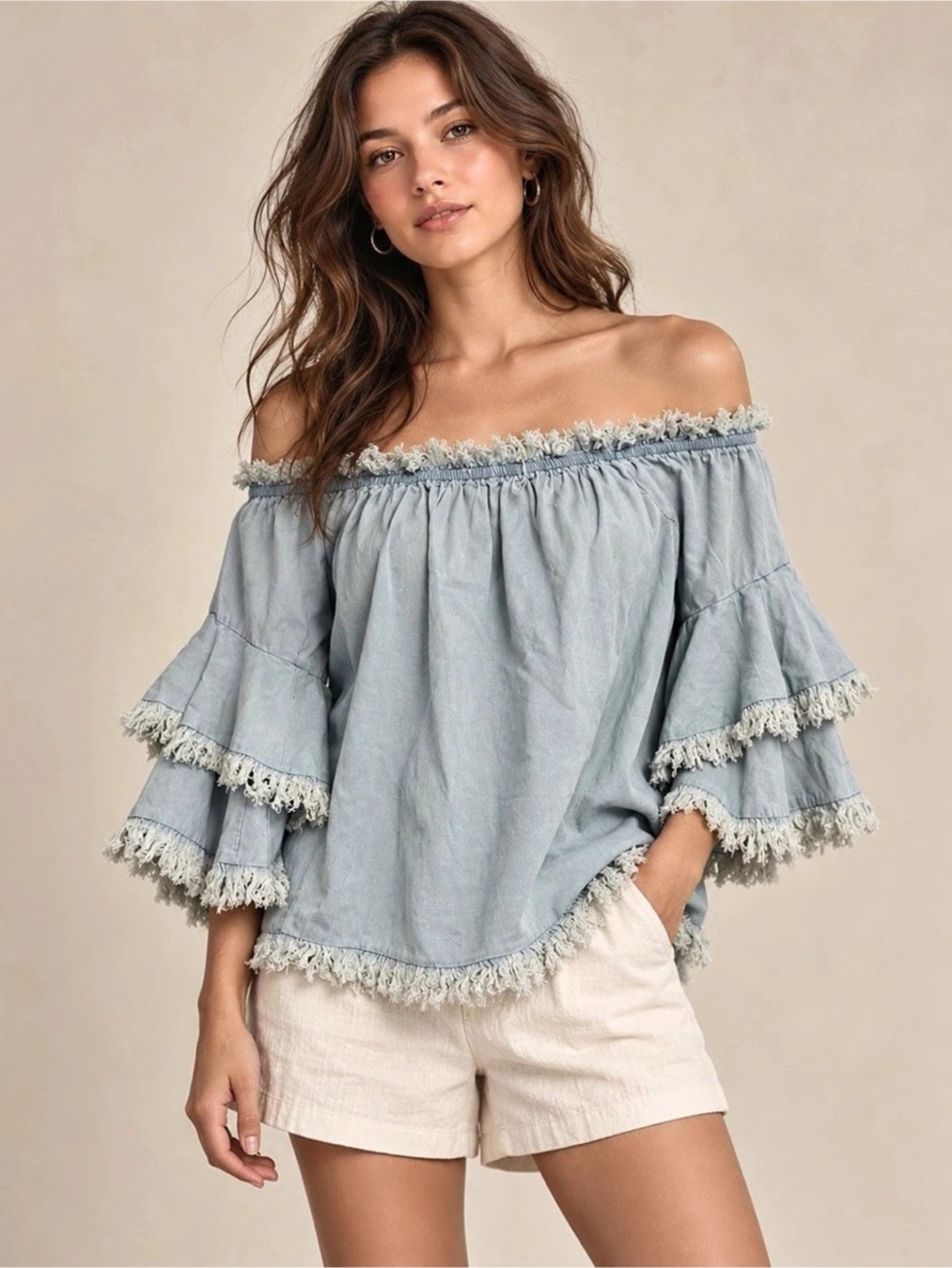 Boston Proper Off-the-Shoulder Chambray Fringe Bell Sleeve Top Blue Size Small